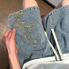 新中国式国風竹刺繍デニムパンツ男性夏薄手カップル高街カジュアル五分ズボンサプライチェーン