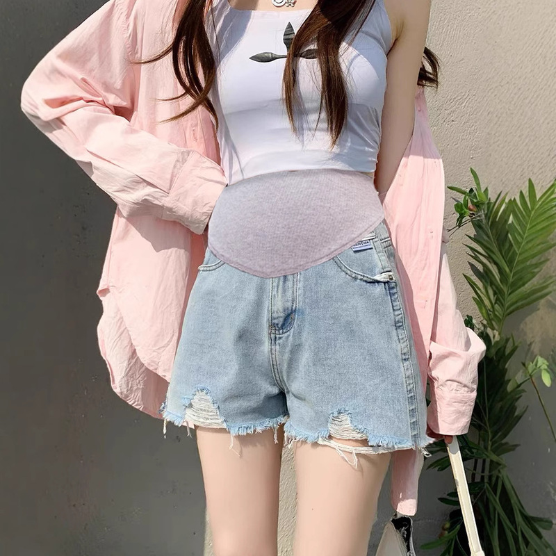 Pregnant Women Shorts 2025 Summer New Fashion High Waist Belly Holster Ripped Wide Leg Three-point Pants All-match Thin Jeans Pregnant Women Shorts 2025 Summer New Fashion High Waist Belly Holster Ripped Wide Leg Three-point Pants All-match Thin Jeans