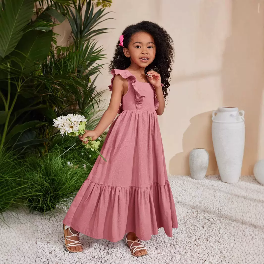 外贸童装方颈长荷叶边袖子夏季休闲服休闲礼服|方形领口连衣裙