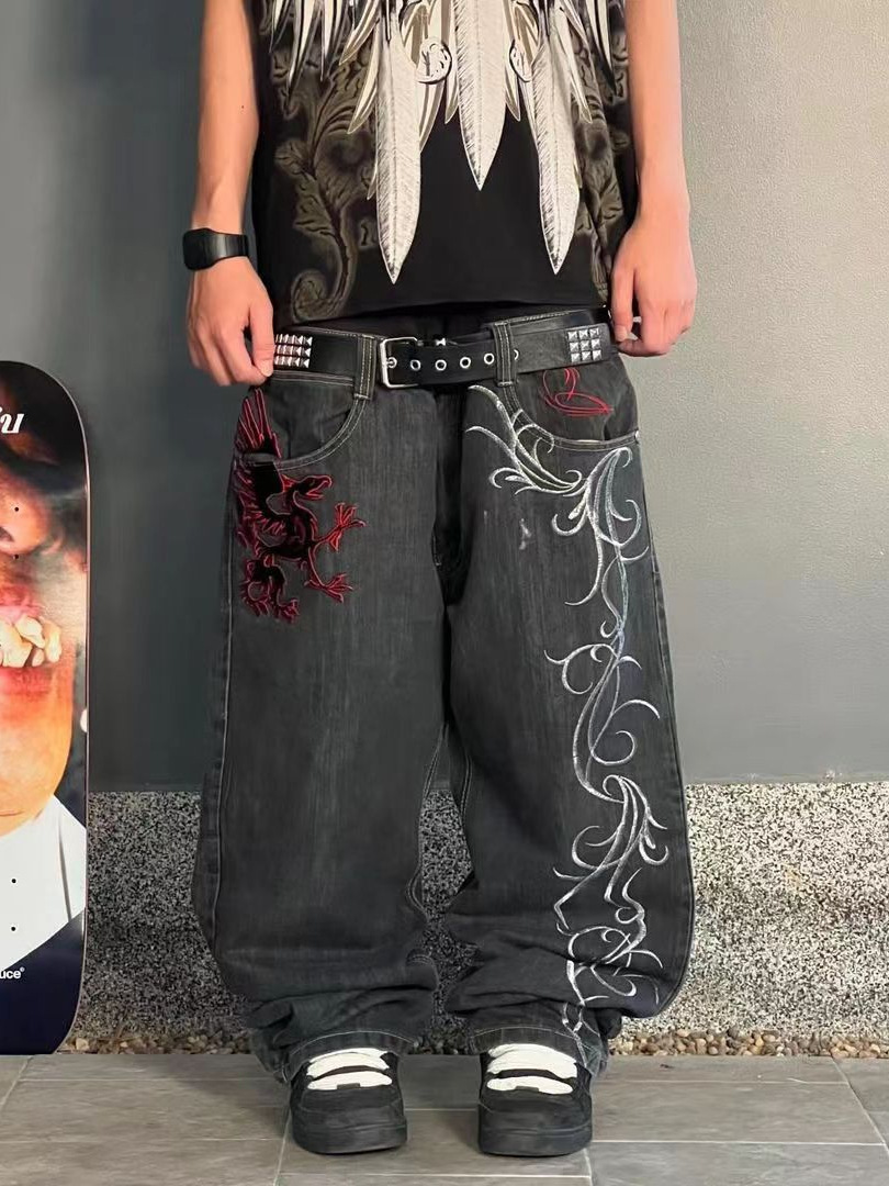 Europa y América retro estampado relajado recto tendencia callejera hip hop jeans hip hop pantalones