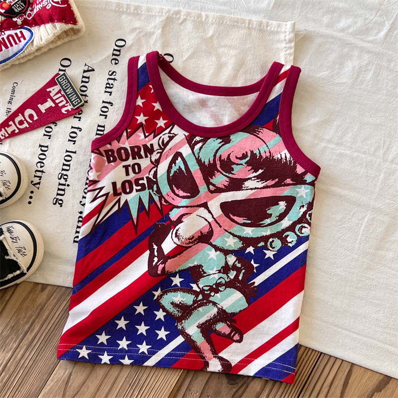 Japanese-style children's clothing vintage black sunglasses children's summer sleeveless top graffiti full print vest