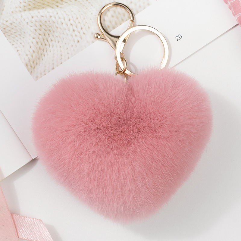 Real Fur Rex Rabbit Fur Heart-Shaped Car Keychain Fur Ball Peach Heart Plush Pendant Belt Heart Bag Pendant