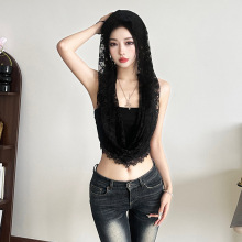 跨境欧美风2025秋季新款女装透视蕾丝连帽外搭纯色打底背心套装