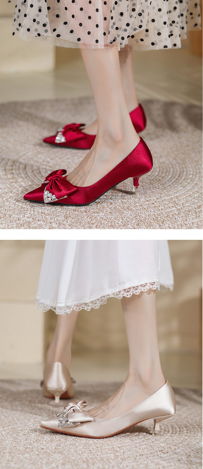 Giày cao gót nữ mũi nhọn gót 3–6 cm chất liệu lụa, giày cưới cho cô dâu — Màu mơ, Màu Đỏ anh đào chi tiết 9