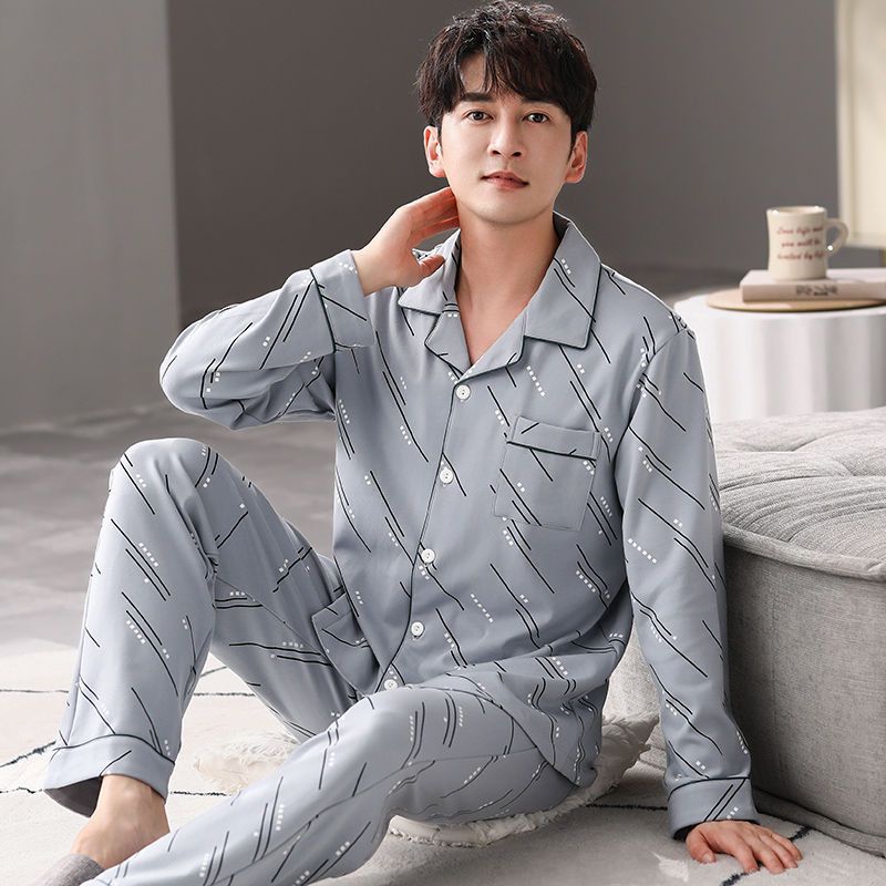 Cardigan pijamas de los hombres 100% algodón primavera y otoño se pueden usar fuera traje de manga larga invierno papá joven y de mediana edad ropa para el hogar
