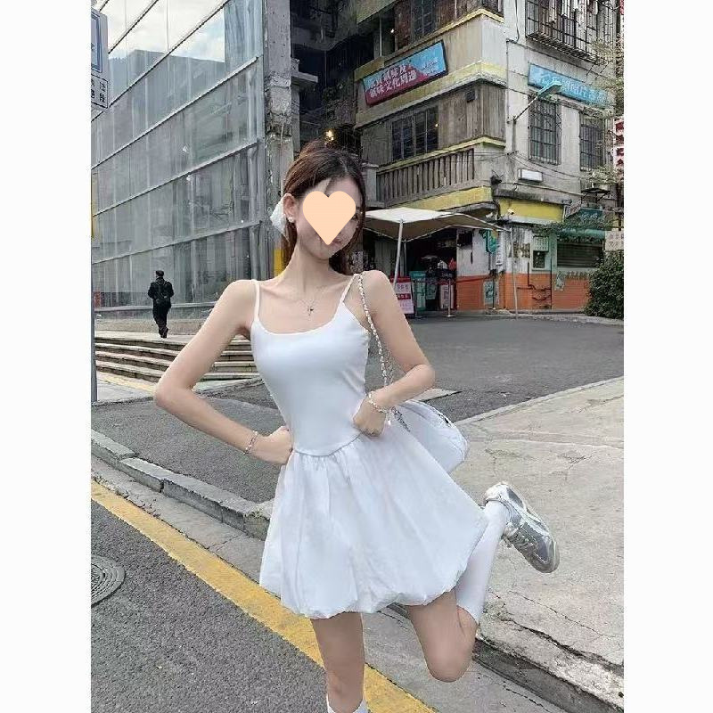 バレエスタイルサスペンダードレス女性のための 2025 春の新白気質ウエスト痩身花のつぼみスカートショートスカート|undefined