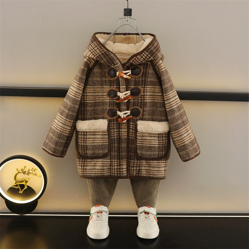 Children's winter warm long woolen coat for boys, western style, mid-length