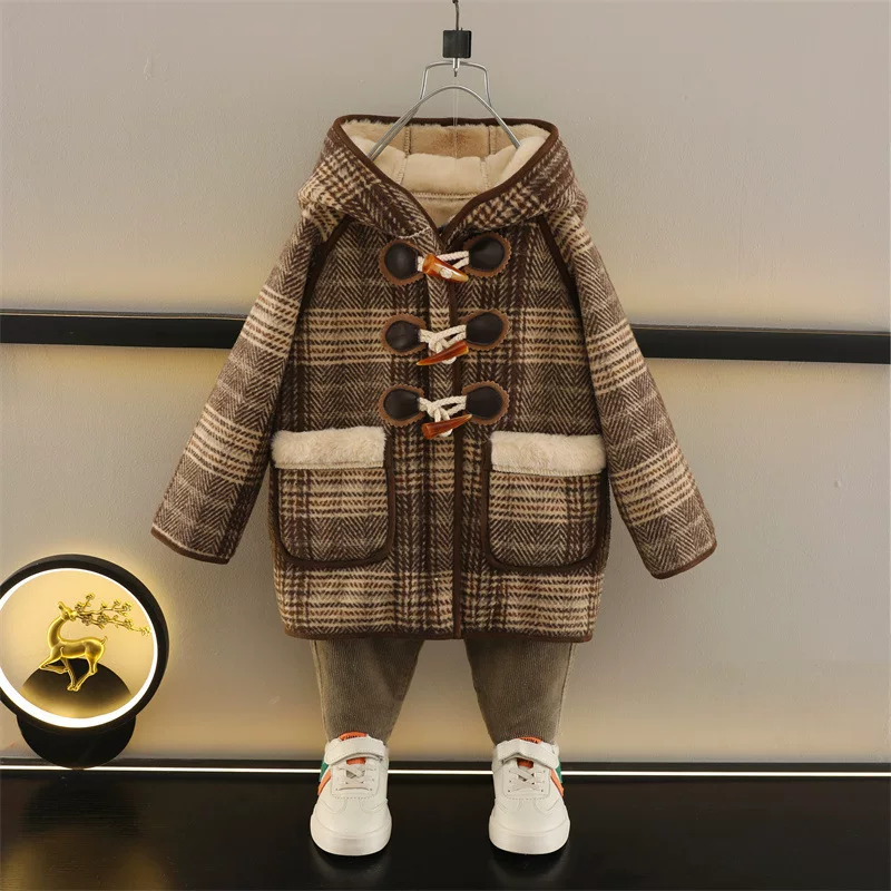 Children's winter warm long woolen coat for boys, western style, mid-length