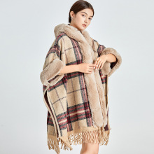 宽松格纹加绒加厚毛领针织披肩斗篷女毛呢披肩外套