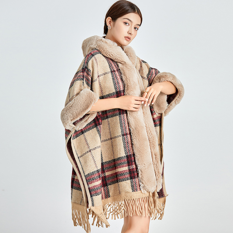 宽松格纹加绒加厚毛领针织披肩斗篷女毛呢披肩外套
