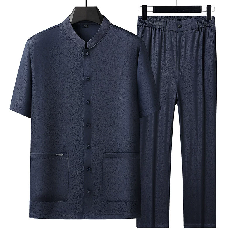 Мужской летний стиль из искусственного ацетата ледяного шелка, костюм Тан в китайском стиле, футболка с короткими рукавами, костюм для людей среднего и пожилого возраста, высокое качество, черный