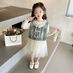 女童盤扣連衣裙春裝2024新洋氣兒童馬甲裙子中小童國風盤扣公主裙