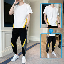 纯棉短袖t恤男夏季休闲运动套装韩版潮流上衣长裤两件套搭配一套