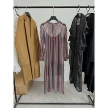 尾单 法国真丝木耳边小立领宽松修身红色条纹连衣裙