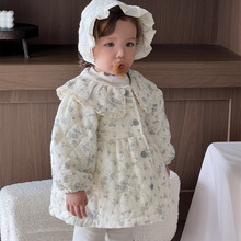 女童碎花长款外套加厚秋冬款韩版童装儿童加绒套装宝宝秋冬装衣服