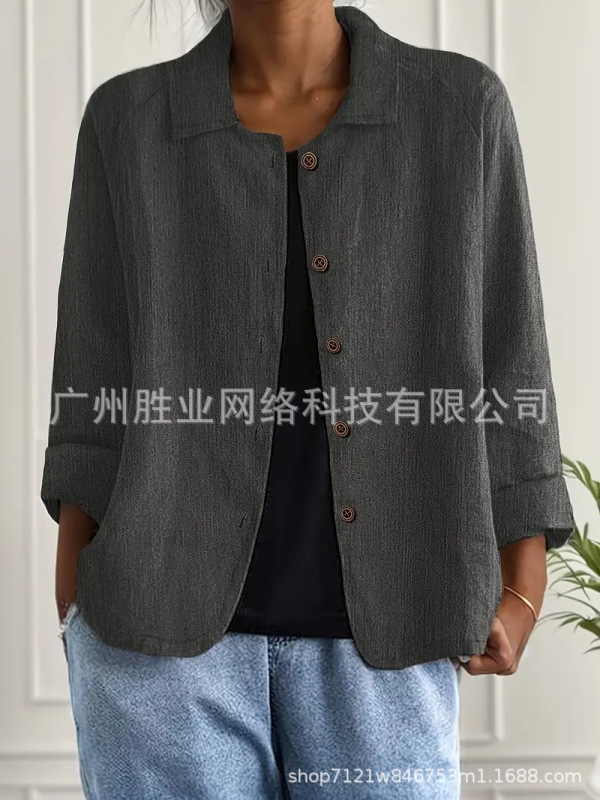 欧美跨境外贸棉麻衬衫女春夏新款百搭上衣衬衣领休闲显瘦开衫外套|undefined