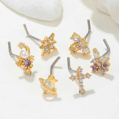 European and American fashionable pierced L-bar stainless steel nose nails for women, geometric micro-paved zircons, simple and exquisite nose ornaments wholesale