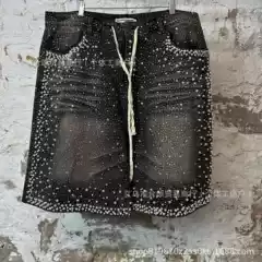 Cross-Border Heat Transfer Rhinestone Pearls Denim Shorts for Women Western Heavy-Duty Distressed American Vintage Loose Straight-Leg Bermuda Shorts