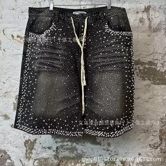 Cross-Border Heat Transfer Rhinestone Pearls Denim Shorts for Women Western Heavy-Duty Distressed American Vintage Loose Straight-Leg Bermuda Shorts