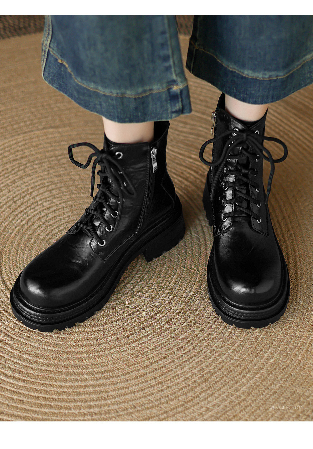 Boot Martin nữ gót dày buộc dây đế tăng chiều cao phong cách Maillard thu đông 2025 — Lớp lót nhung đen, Nhung nâu, Lớp lót đơn màu đen, Lớp lót đơn màu nâu chi tiết 2