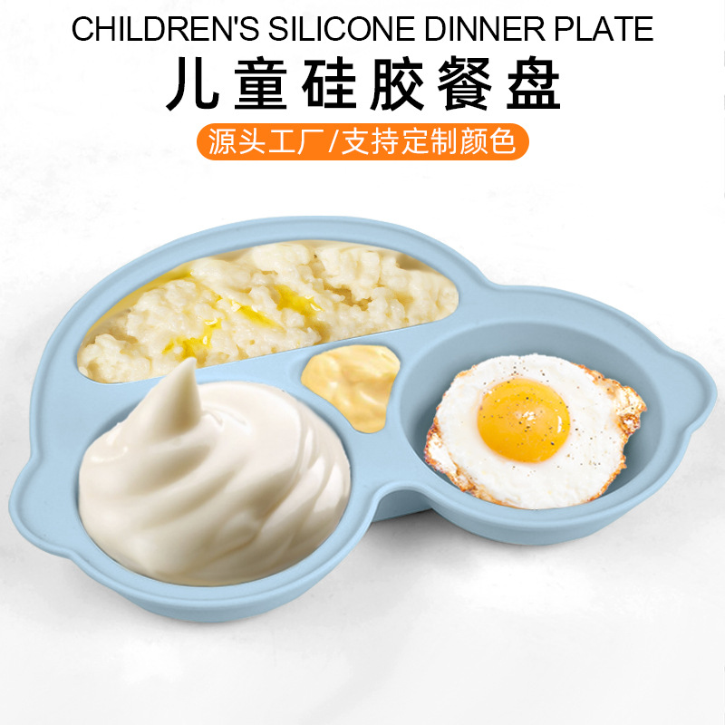Silicone de dibujos animados para niños automóviles divididos plato de comedor integrado para bebés suplemento plato de comedor de grado alimenticio silicona ventosas