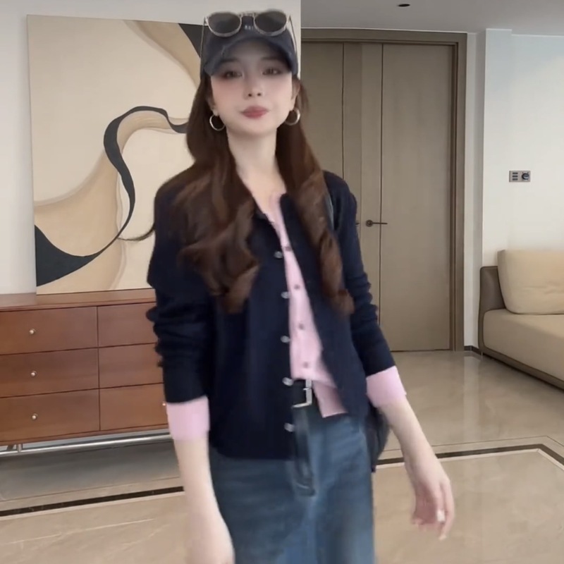 有现货 日常通勤洋气慵懒风宽松百搭显瘦撞色假两件针织衫女|undefined