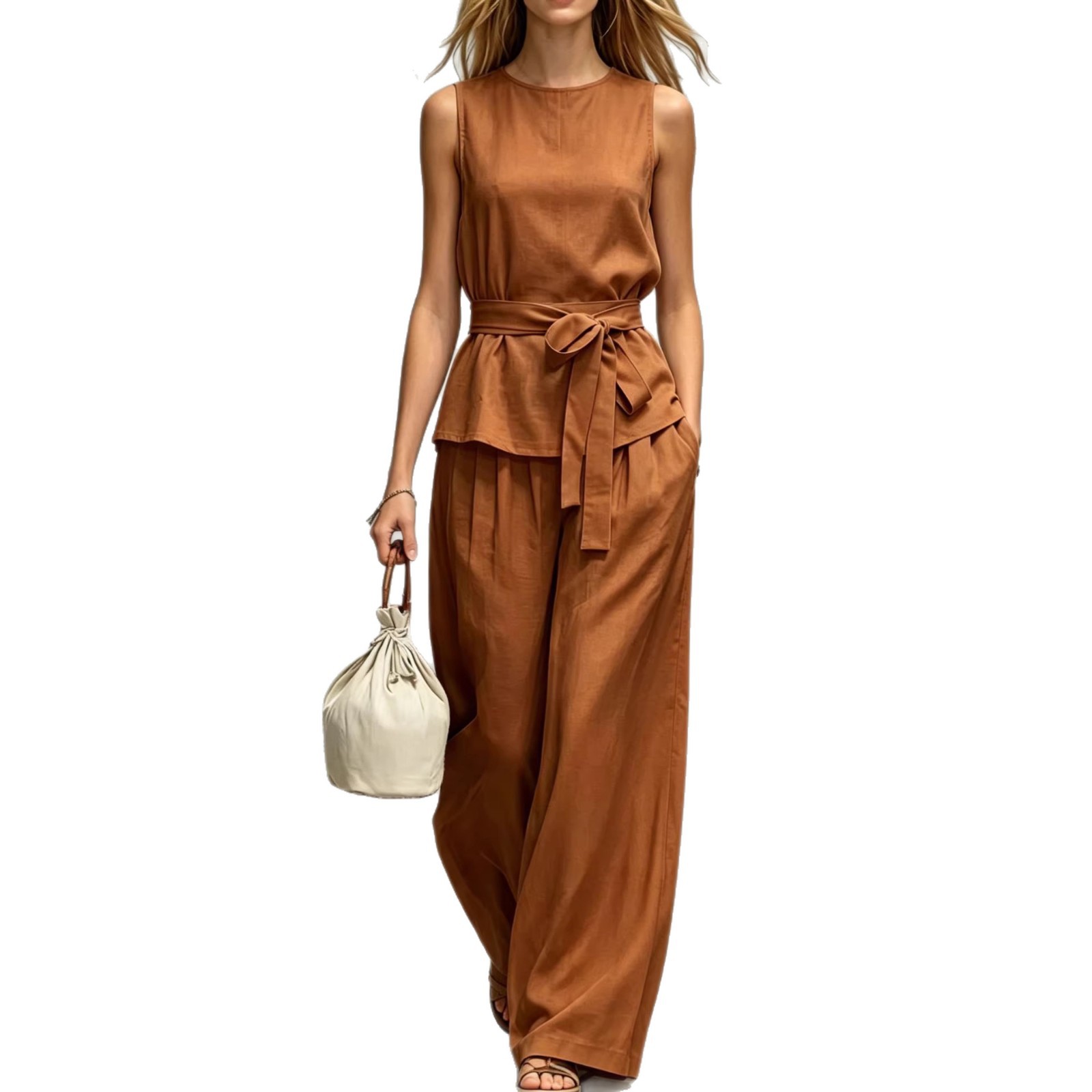Women's Clothing Women's Spring Summer Two Piece Set Sleeveless Top And Belted Pants Casual Solid Color Style_ecoleips.com