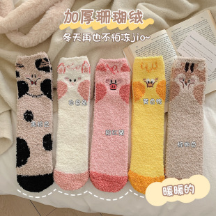 Winter New Small Animal Half Velvet Embroidered Socks Thickened Warm Mid-length Socks Cartoon Cute Coral Velvet Socks