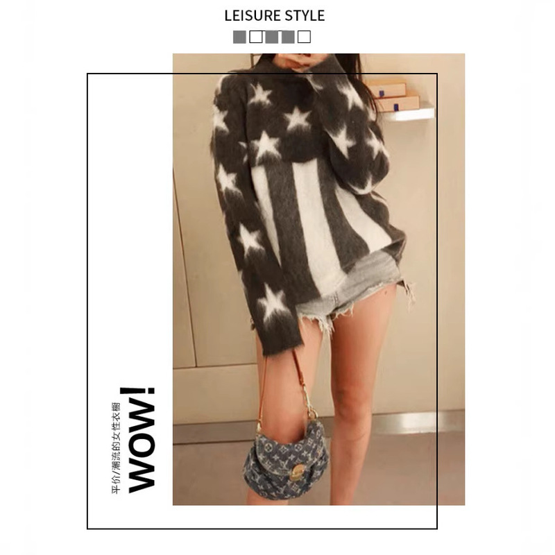 Autumn and Winter Loose-Fitting Mohair Sweater for Girls, Casual Star-Striped Round-Neck Pullover Long-Sleeved Top for Women Autumn and Winter Loose-Fitting Mohair Sweater for Girls, Casual Star-Striped Round-Neck Pullover Long-Sleeved Top for Women