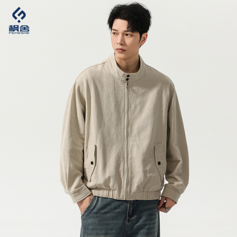 Fengshe Men's Clothing / Linen Blend 2026 Spring New Loose Casual Stand Collar Jacket Thin and Breathable