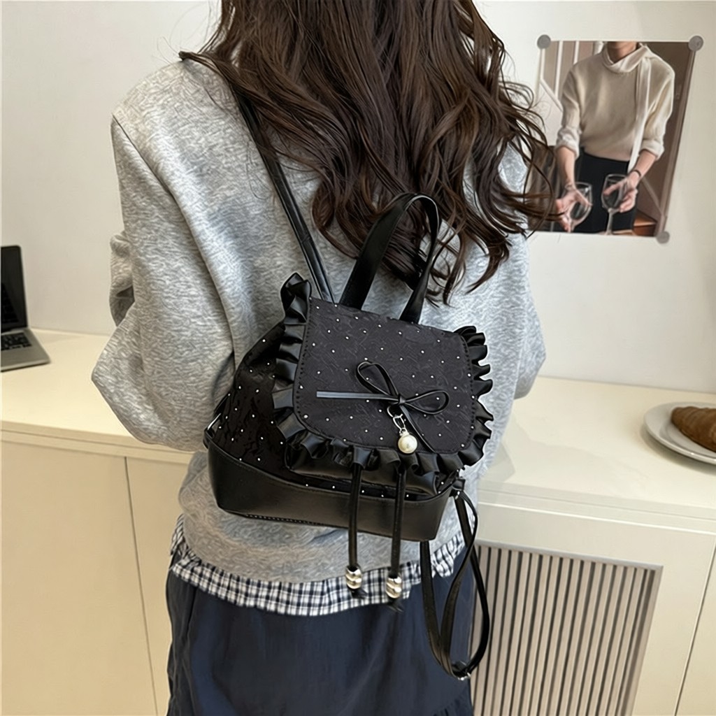 Bowknot Color-Blocking Backpack for Women 2026 New Fashion Trendy Lace-Edged Small School Bag Summer Travel Bag