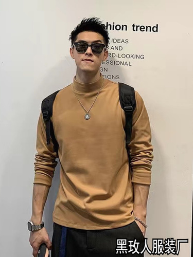 Men's Semi-High Collar Crewneck Base Layer Top, New Autumn/Winter Model for Middle-Aged and Youth, Plus Size Double-Faced Fleece Warm Knit T-Shirt