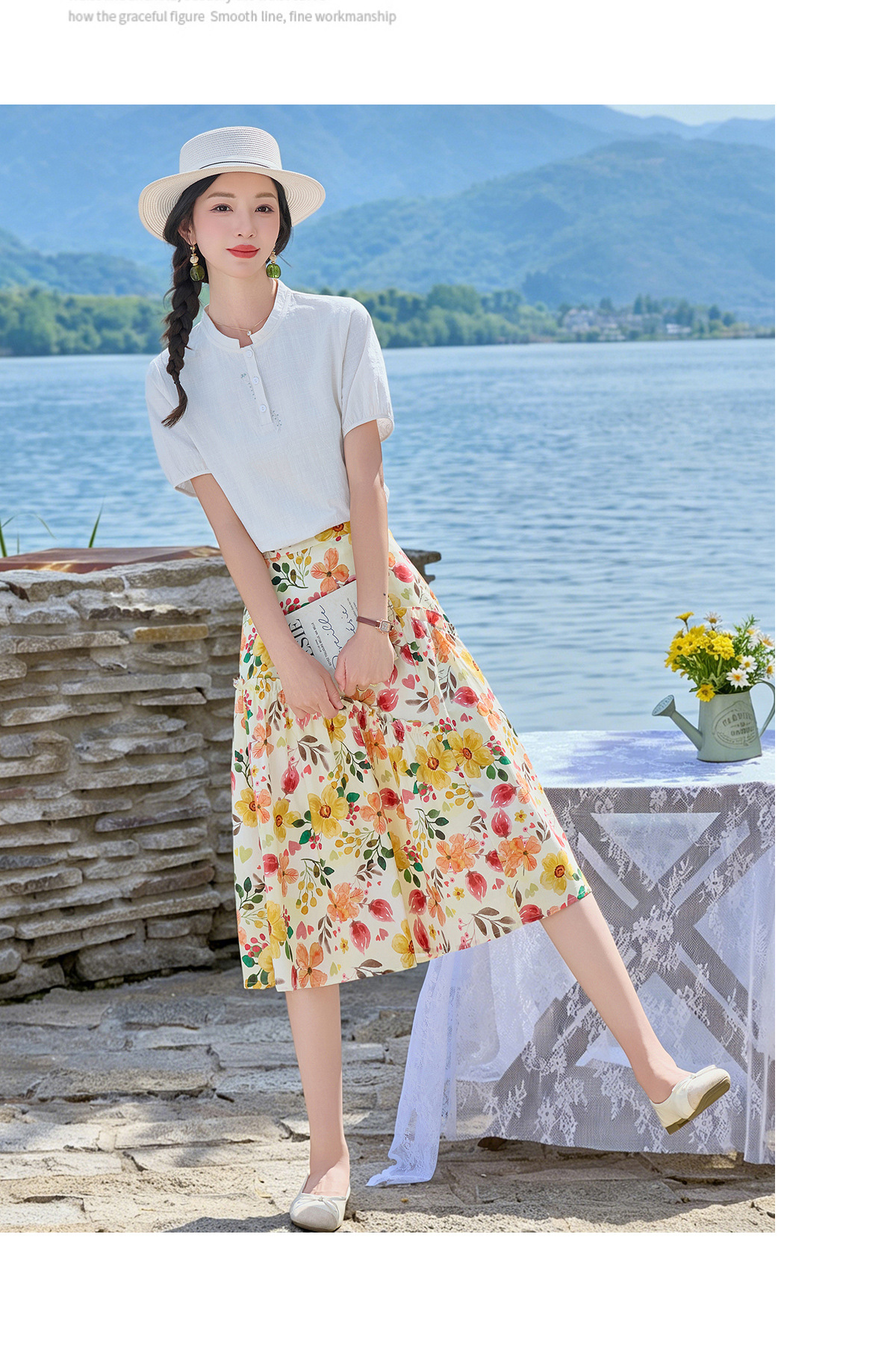 Bộ váy hai mảnh gồm áo thun và chân váy chữ A họa tiết hoa, cạp cao, dáng suông dài — Màu ảnh chi tiết 16