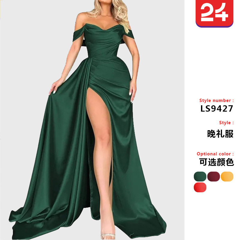 2025 Direct Sales Cross-Border Export Banquet High Slit Sexy Host One-Shoulder Slim Party Evening Dress