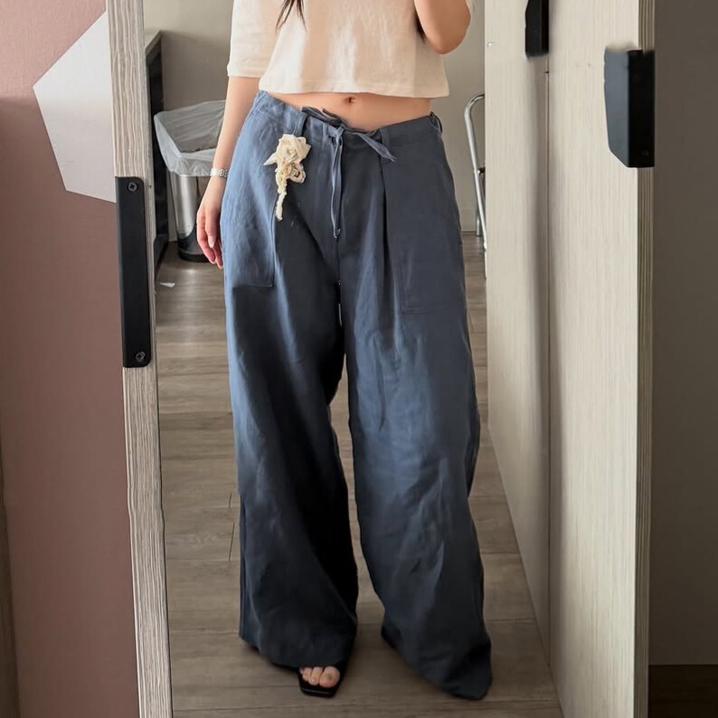 Korean Fle*Ta New Summer Style Simple Loose Cotton and Linen Drawstring Casual Wide-Leg Pants for Women