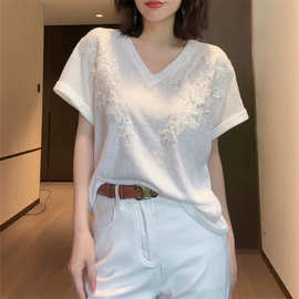 设计感提花白色V领短袖T恤女夏季洋气质减龄宽松显瘦休闲百搭上衣