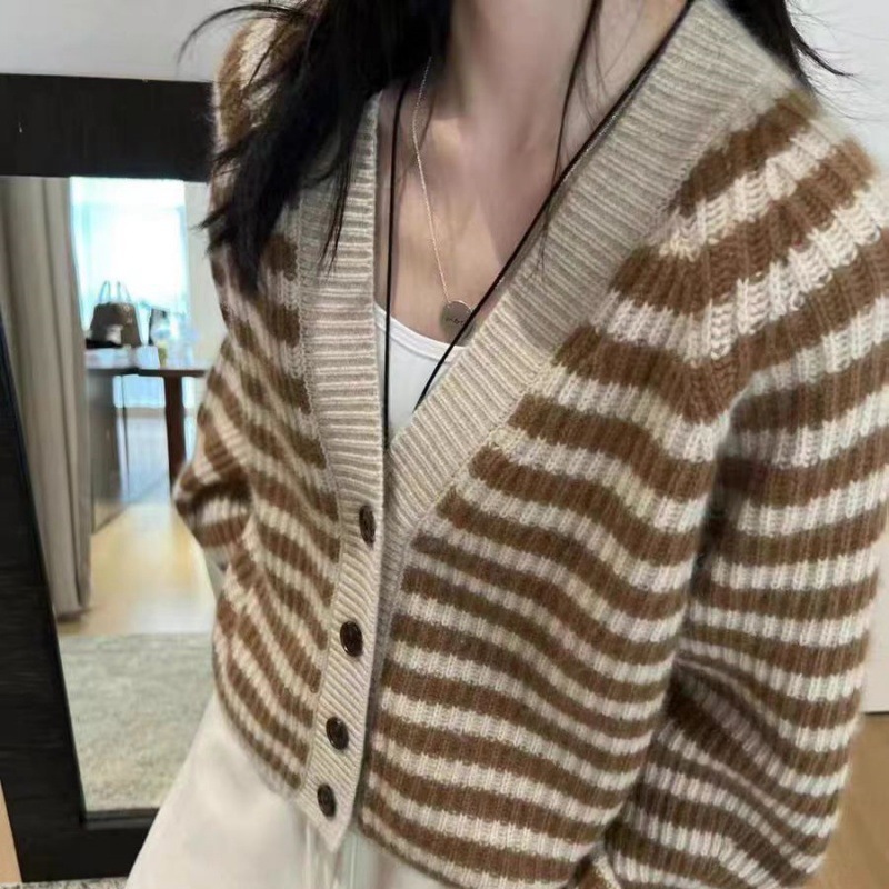 秋冬新款欧洲站V领条纹针织开衫女士时尚休闲撞色复古风毛衣外套|undefined