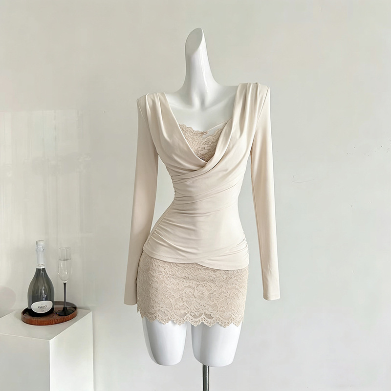 Pure Desire Style Irregular Lace Dress for Women, Autumn and Winter Sexy Waist-Cinching Bodycon Dress with Cross V-Neck Top Two-Piece Set