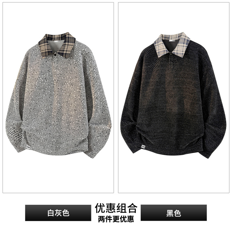 NASA老钱风潮流POLO衫黑色卫衣男士秋季新款宽松休闲针织衫上衣服|undefined