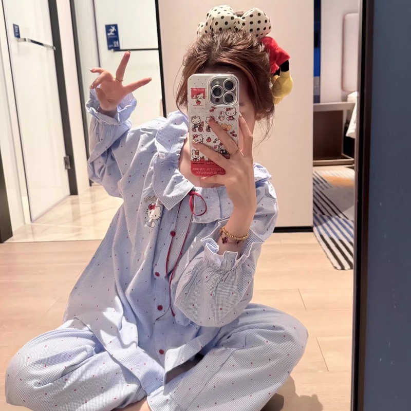 少女可爱HelloKitty睡衣女春秋新款蓝色花边长袖长裤家居服两件套|undefined