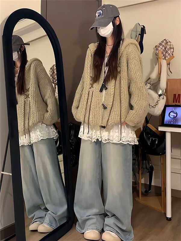 美式复古风牛角扣毛衣外套女2025秋冬新款设计感穿绳针织开衫1345|undefined