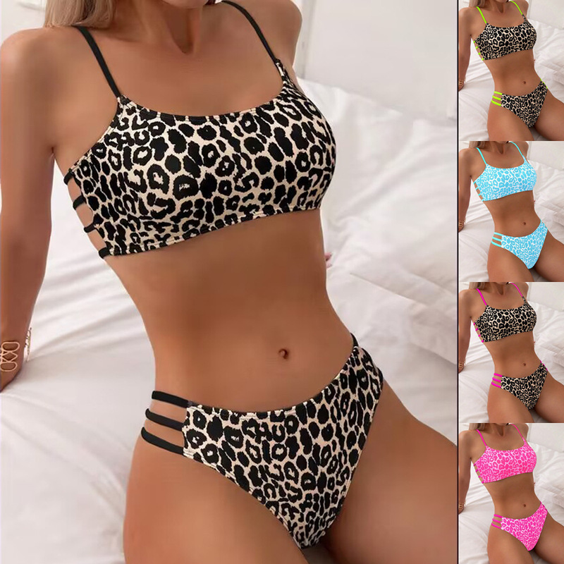 2025 cross-border new European and American bikini suit sexy leopard print multi-rope hollow out swimsuit bikini manufacturers wholesale