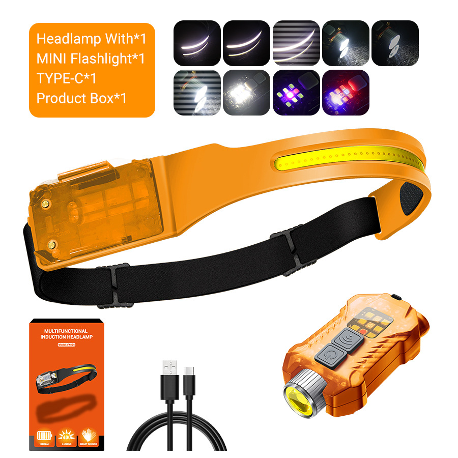 Transfronterizos al aire libre agitando inducción COB faro linterna 2 en 1 correr por la noche pescar luz alta luz luz alta cabeza