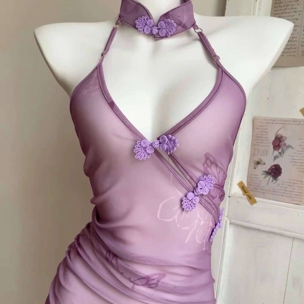 Sexy Lingerie, Sexy Pajamas, Ancient Style See-Through Small Breasts, Strap Uniform, Pure Lust Purple Cheongsam Dress Wholesale