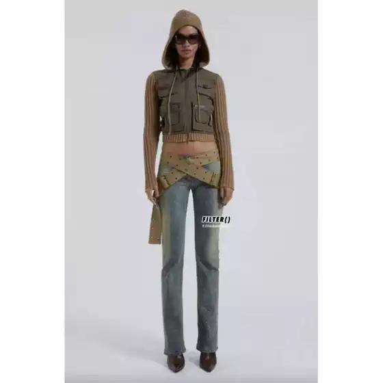 Jaded London Y2K Retro Wrap Canvas Wide Belt Decorated Low-Rise Slim-Fit Denim Jeans for Women