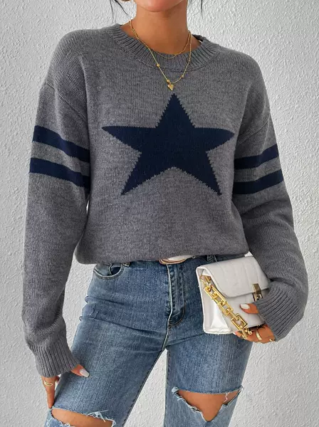 Cross-border European and American style pentagram jacquard knit sweater for women, autumn and winter loose round-neck striped pullover base shirt in stock