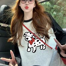2025新款斑点狗卡通长袖t恤女早秋复古减龄设计感撞色插肩上衣潮