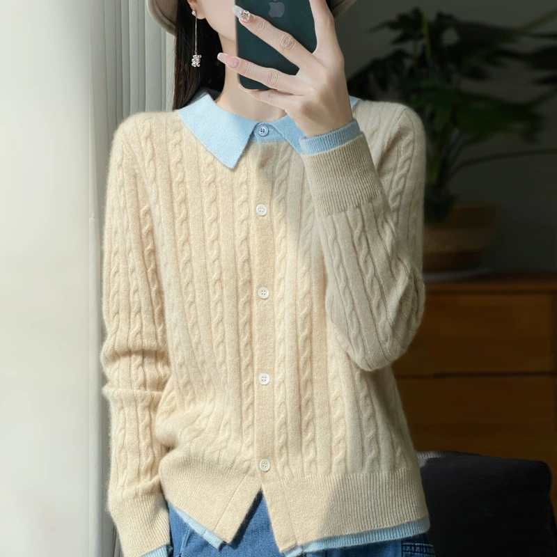 Производственный оптовый 2024 осень и зима 100% шерсть кардиган с лацканами косой вязкой контрастного цвета в наличии