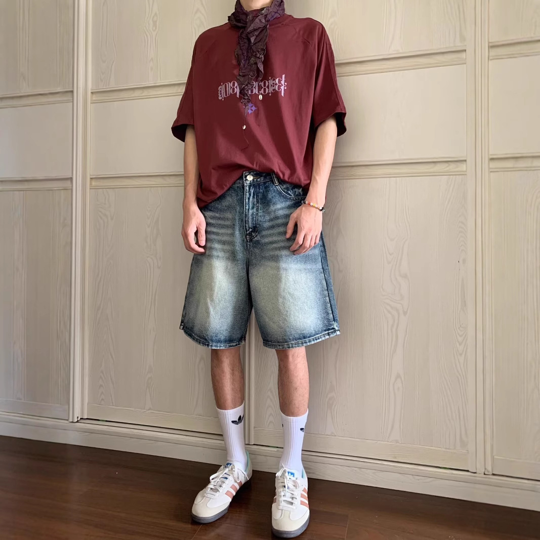Unisex American Vintage Washed Distressed Denim Shorts, Casual Simple Loose Straight 5 Inch Street Trendy Classic Five Pocket Jeans Shorts For Men And_mkmklike.com