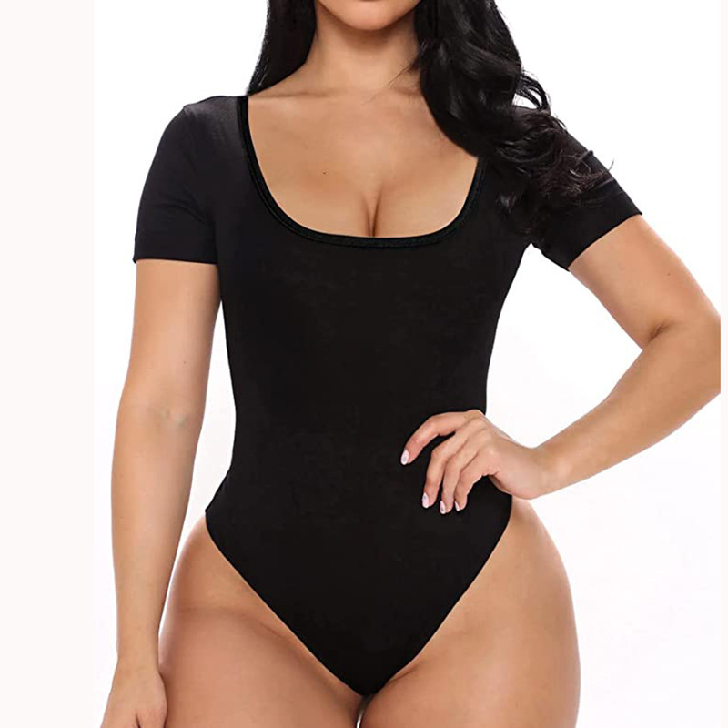 Hot-Selling Cross-Border European and American Square Collar Waist Corset Close-Fitting Seamless Short-Sleeved Thong Body-Shaping Jumpsuit Women's Top